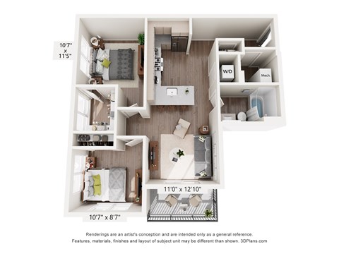 Floor plan for 1 bed, 1 bath, 869 sqft